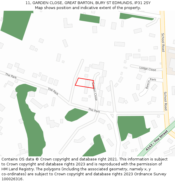 11, GARDEN CLOSE, GREAT BARTON, BURY ST EDMUNDS, IP31 2SY: Location map and indicative extent of plot