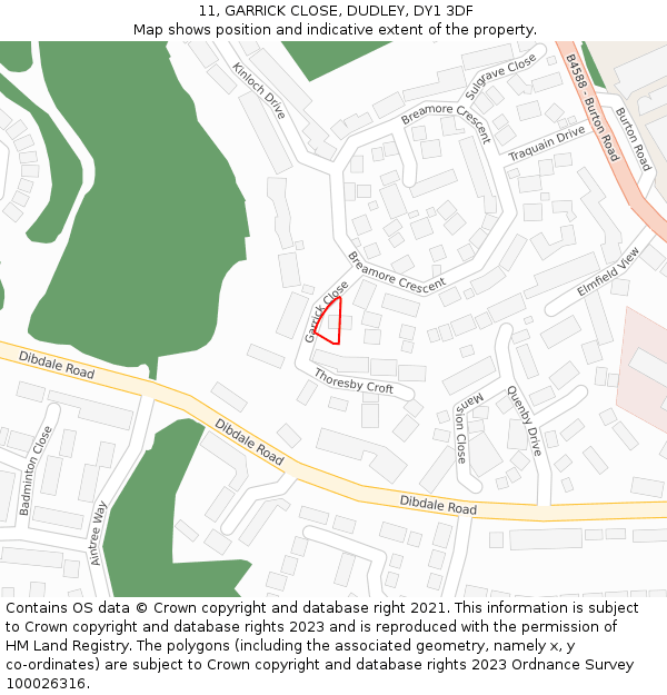 11, GARRICK CLOSE, DUDLEY, DY1 3DF: Location map and indicative extent of plot