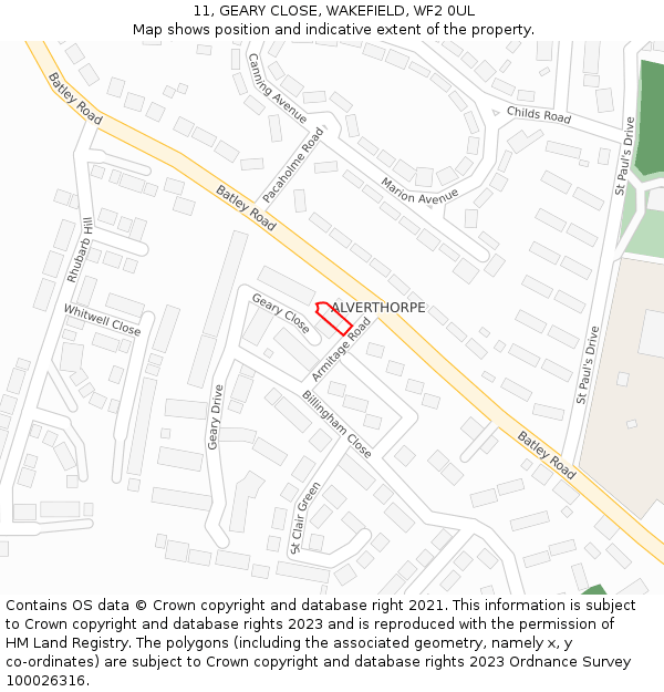 11, GEARY CLOSE, WAKEFIELD, WF2 0UL: Location map and indicative extent of plot