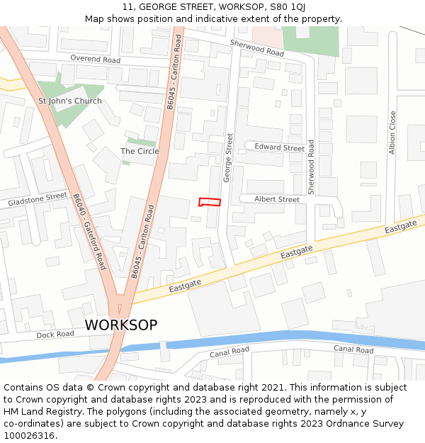 11, GEORGE STREET, WORKSOP, S80 1QJ: Location map and indicative extent of plot