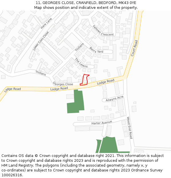 11, GEORGES CLOSE, CRANFIELD, BEDFORD, MK43 0YE: Location map and indicative extent of plot