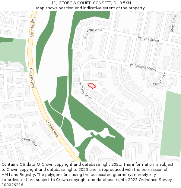 11, GEORGIA COURT, CONSETT, DH8 5XN: Location map and indicative extent of plot