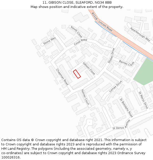 11, GIBSON CLOSE, SLEAFORD, NG34 8BB: Location map and indicative extent of plot