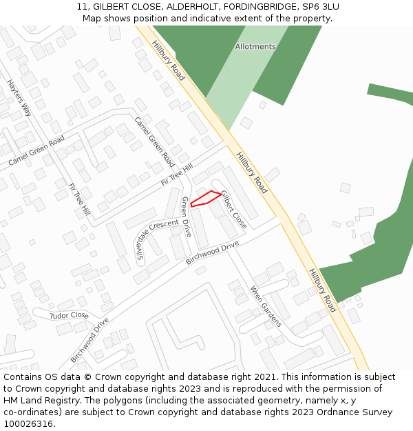 11, GILBERT CLOSE, ALDERHOLT, FORDINGBRIDGE, SP6 3LU: Location map and indicative extent of plot
