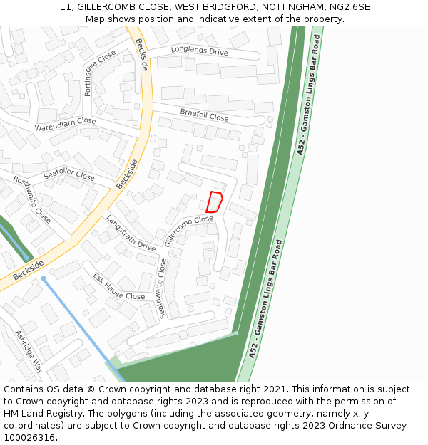 11, GILLERCOMB CLOSE, WEST BRIDGFORD, NOTTINGHAM, NG2 6SE: Location map and indicative extent of plot