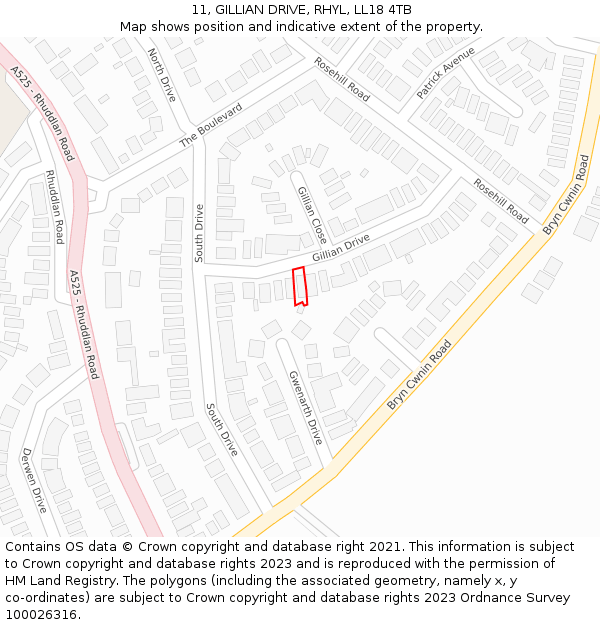 11, GILLIAN DRIVE, RHYL, LL18 4TB: Location map and indicative extent of plot