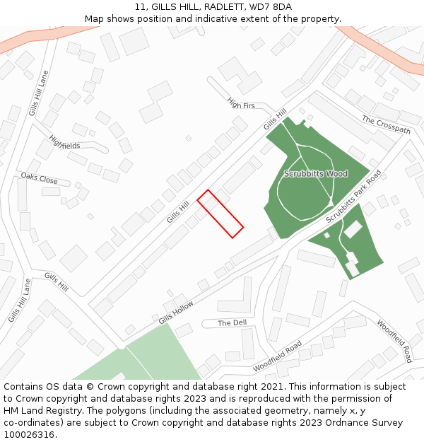 11, GILLS HILL, RADLETT, WD7 8DA: Location map and indicative extent of plot