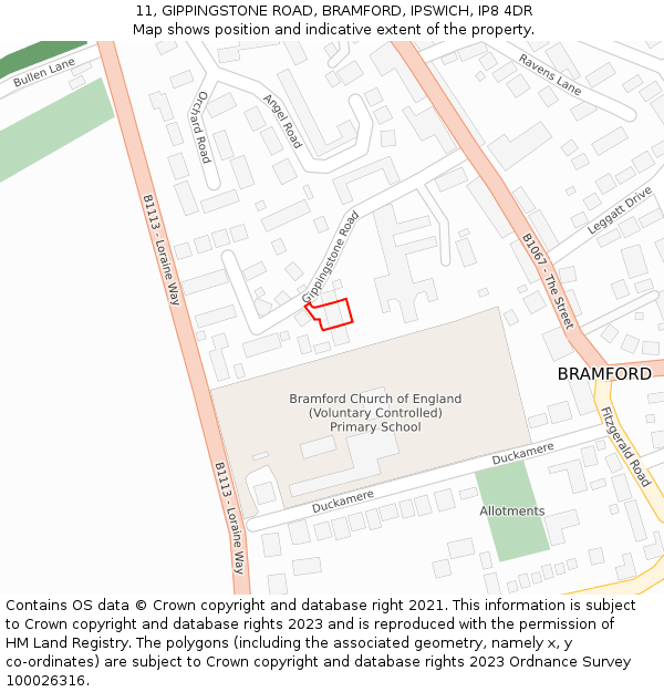 11, GIPPINGSTONE ROAD, BRAMFORD, IPSWICH, IP8 4DR: Location map and indicative extent of plot