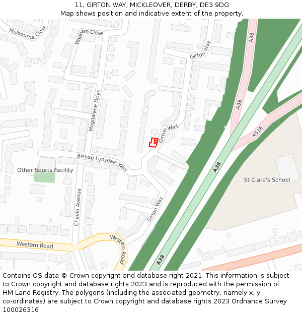 11, GIRTON WAY, MICKLEOVER, DERBY, DE3 9DG: Location map and indicative extent of plot