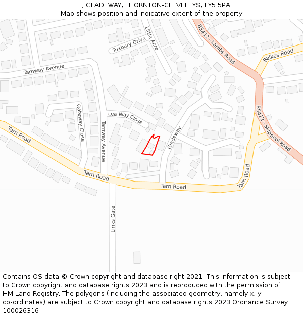 11, GLADEWAY, THORNTON-CLEVELEYS, FY5 5PA: Location map and indicative extent of plot