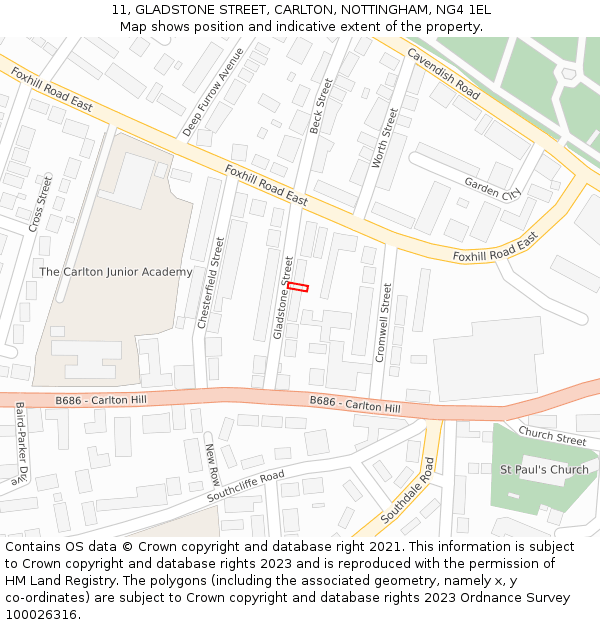 11, GLADSTONE STREET, CARLTON, NOTTINGHAM, NG4 1EL: Location map and indicative extent of plot