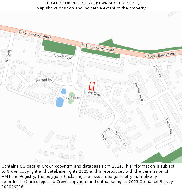 11, GLEBE DRIVE, EXNING, NEWMARKET, CB8 7FQ: Location map and indicative extent of plot