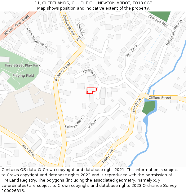 11, GLEBELANDS, CHUDLEIGH, NEWTON ABBOT, TQ13 0GB: Location map and indicative extent of plot