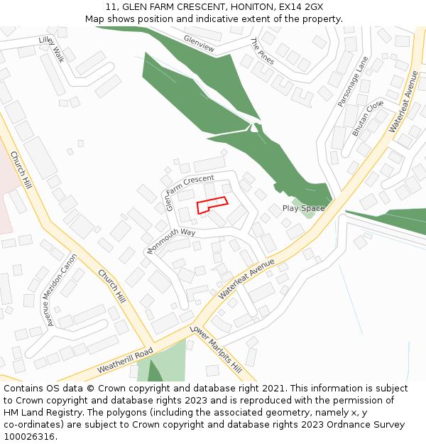 11, GLEN FARM CRESCENT, HONITON, EX14 2GX: Location map and indicative extent of plot