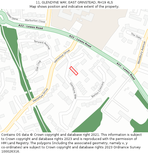11, GLENDYNE WAY, EAST GRINSTEAD, RH19 4LS: Location map and indicative extent of plot