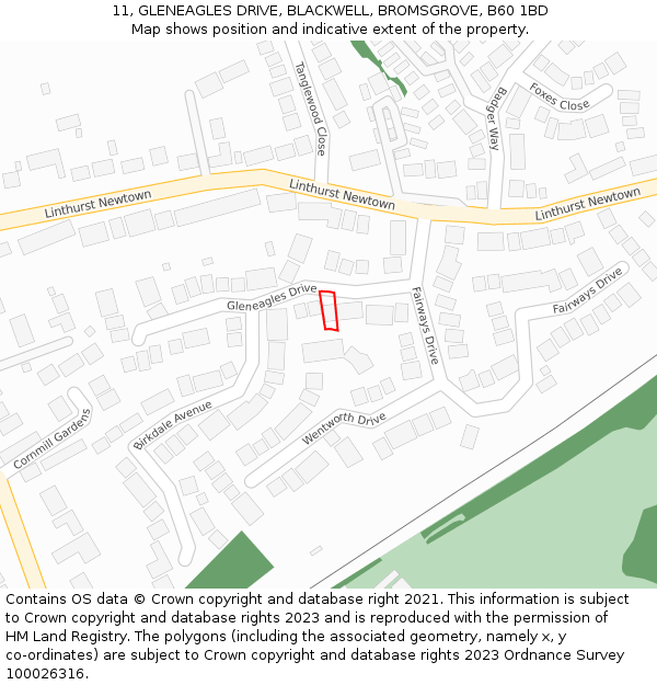 11, GLENEAGLES DRIVE, BLACKWELL, BROMSGROVE, B60 1BD: Location map and indicative extent of plot