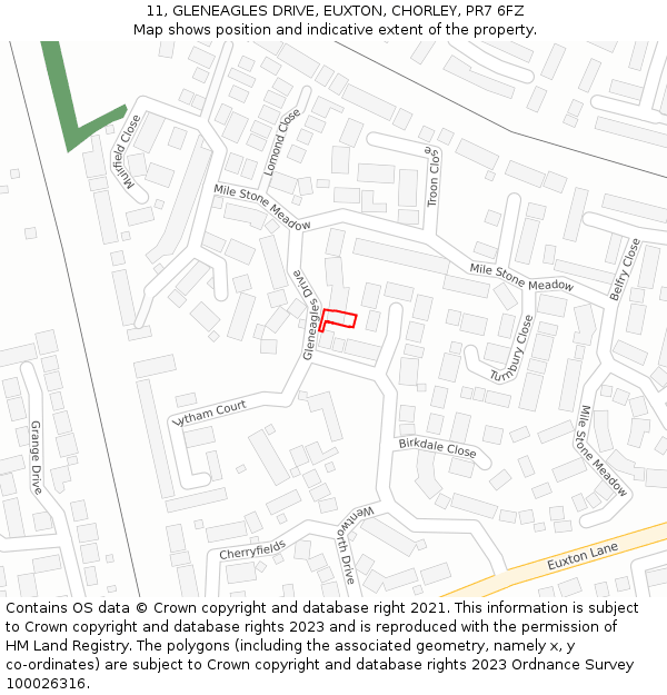 11, GLENEAGLES DRIVE, EUXTON, CHORLEY, PR7 6FZ: Location map and indicative extent of plot