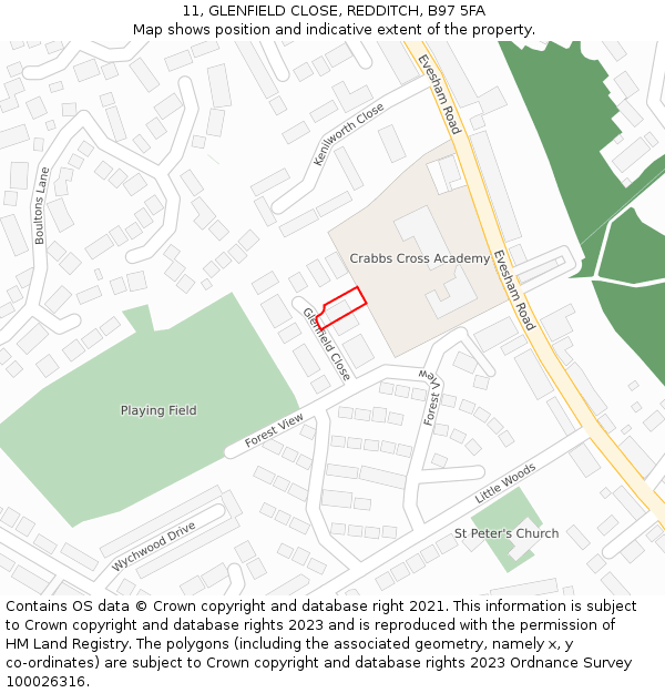 11, GLENFIELD CLOSE, REDDITCH, B97 5FA: Location map and indicative extent of plot