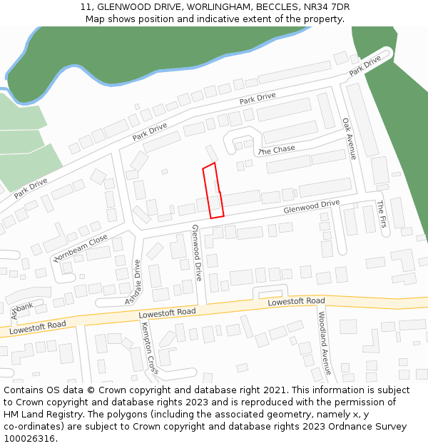11, GLENWOOD DRIVE, WORLINGHAM, BECCLES, NR34 7DR: Location map and indicative extent of plot