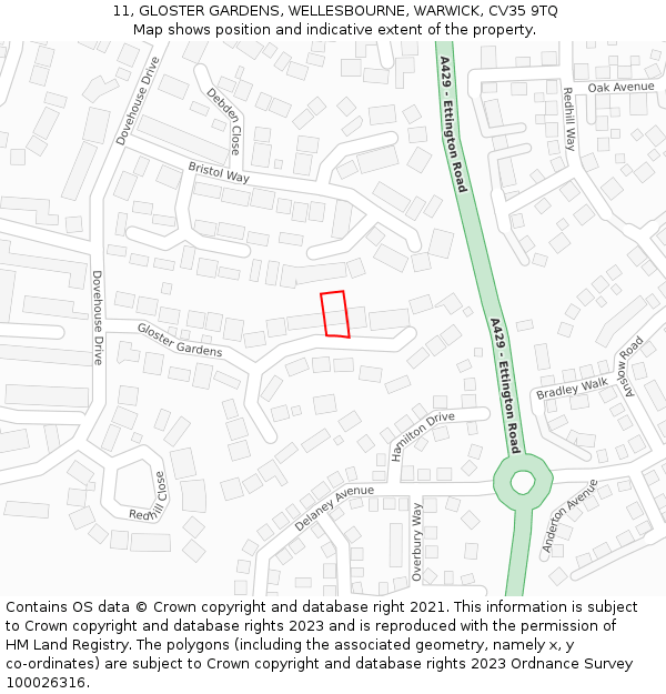 11, GLOSTER GARDENS, WELLESBOURNE, WARWICK, CV35 9TQ: Location map and indicative extent of plot