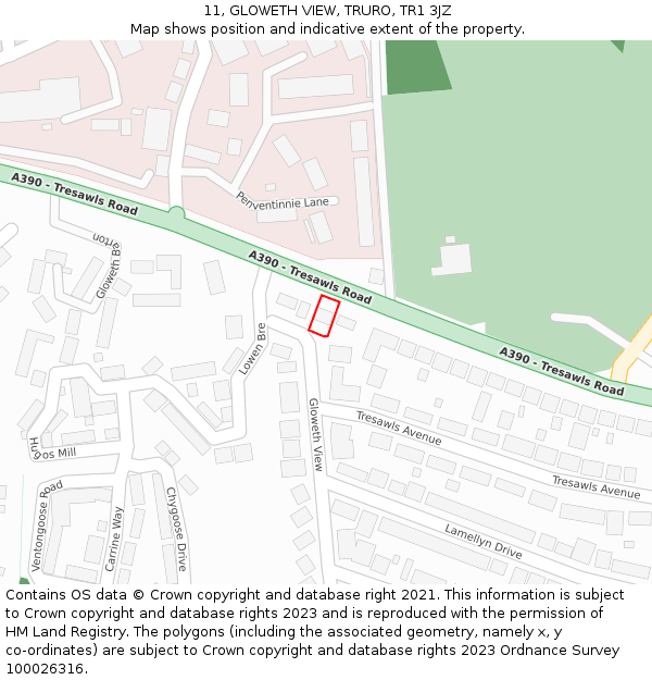 11, GLOWETH VIEW, TRURO, TR1 3JZ: Location map and indicative extent of plot