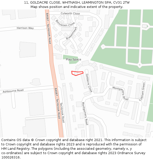 11, GOLDACRE CLOSE, WHITNASH, LEAMINGTON SPA, CV31 2TW: Location map and indicative extent of plot