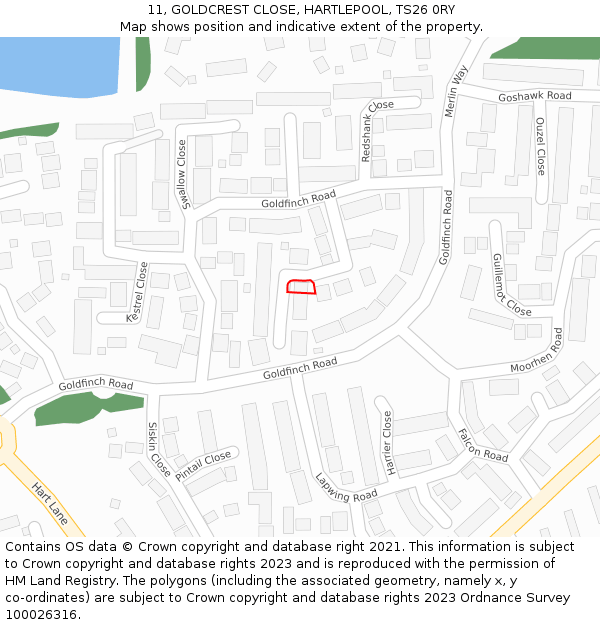 11, GOLDCREST CLOSE, HARTLEPOOL, TS26 0RY: Location map and indicative extent of plot