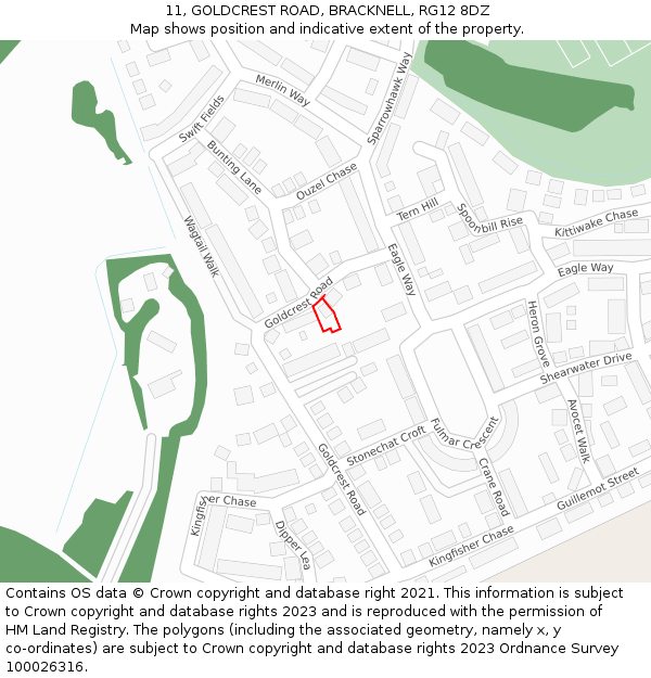 11, GOLDCREST ROAD, BRACKNELL, RG12 8DZ: Location map and indicative extent of plot