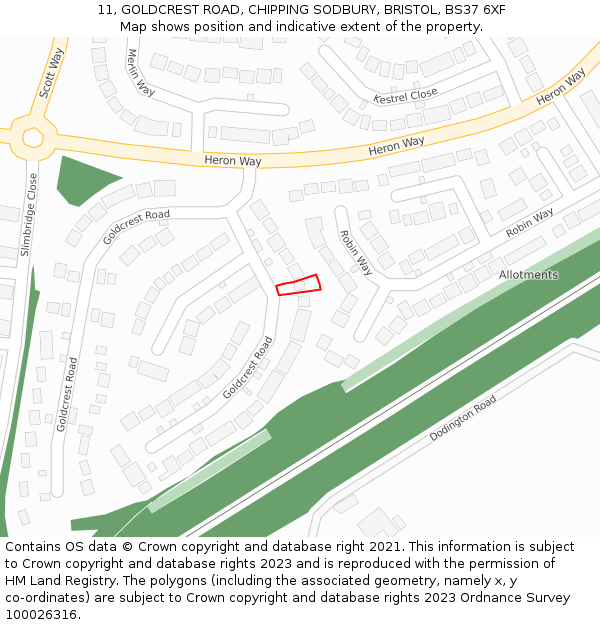 11, GOLDCREST ROAD, CHIPPING SODBURY, BRISTOL, BS37 6XF: Location map and indicative extent of plot