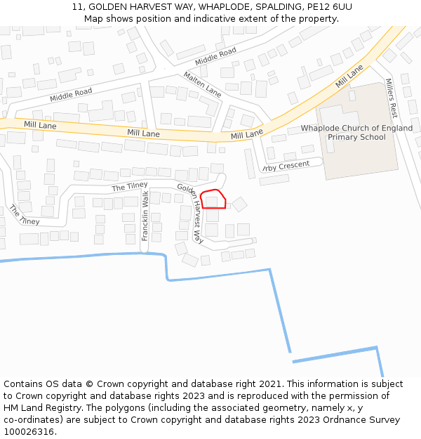 11, GOLDEN HARVEST WAY, WHAPLODE, SPALDING, PE12 6UU: Location map and indicative extent of plot