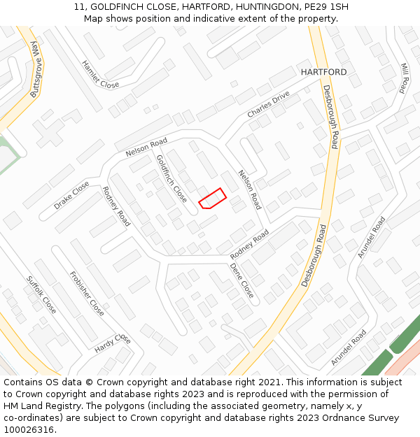 11, GOLDFINCH CLOSE, HARTFORD, HUNTINGDON, PE29 1SH: Location map and indicative extent of plot