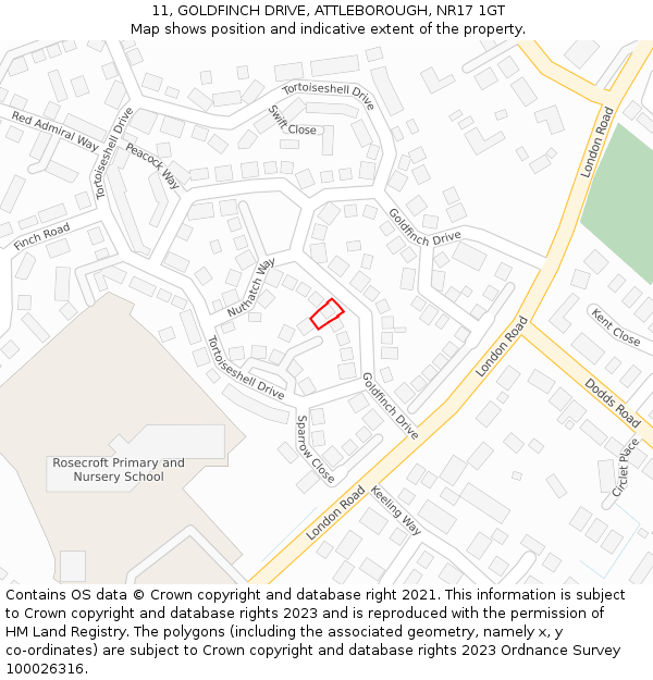 11, GOLDFINCH DRIVE, ATTLEBOROUGH, NR17 1GT: Location map and indicative extent of plot