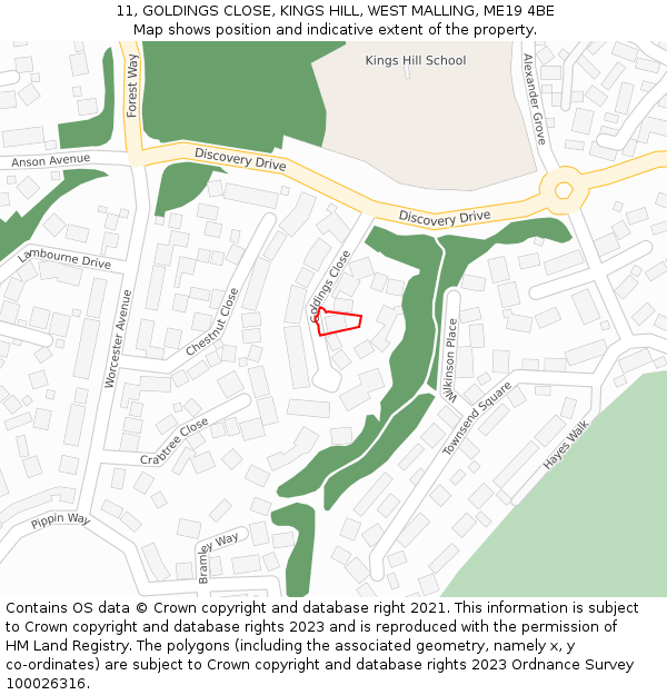 11, GOLDINGS CLOSE, KINGS HILL, WEST MALLING, ME19 4BE: Location map and indicative extent of plot