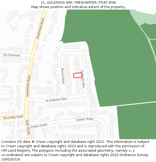 11, GOLDINGS WAY, FRESHWATER, PO40 9NW: Location map and indicative extent of plot