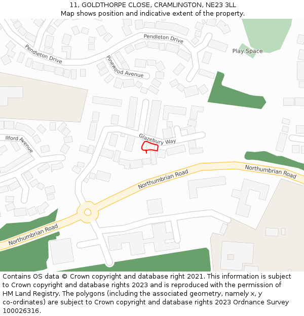 11, GOLDTHORPE CLOSE, CRAMLINGTON, NE23 3LL: Location map and indicative extent of plot