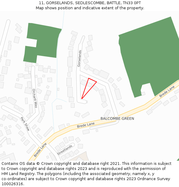 11, GORSELANDS, SEDLESCOMBE, BATTLE, TN33 0PT: Location map and indicative extent of plot