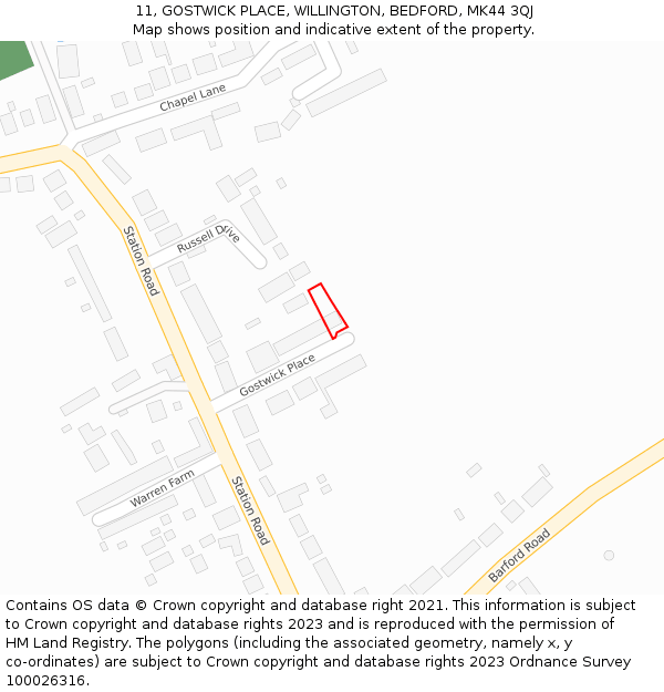 11, GOSTWICK PLACE, WILLINGTON, BEDFORD, MK44 3QJ: Location map and indicative extent of plot