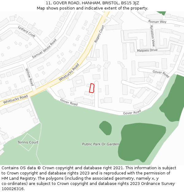 11, GOVER ROAD, HANHAM, BRISTOL, BS15 3JZ: Location map and indicative extent of plot