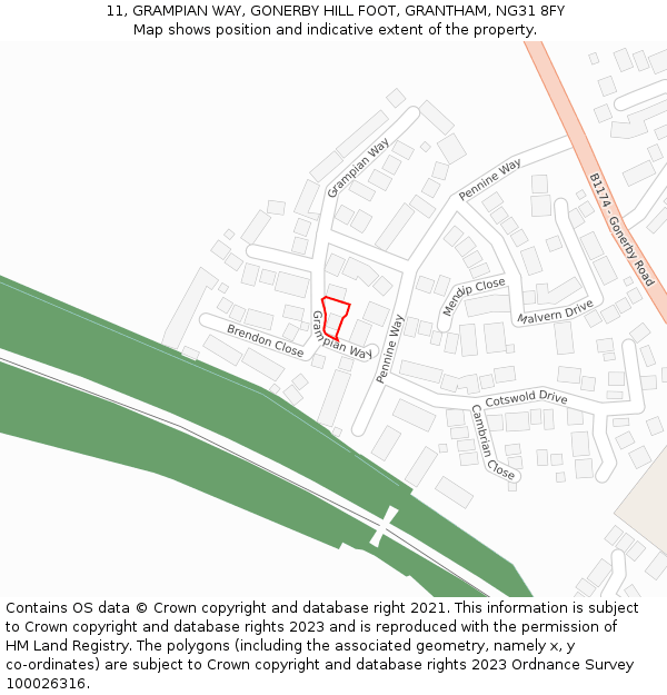 11, GRAMPIAN WAY, GONERBY HILL FOOT, GRANTHAM, NG31 8FY: Location map and indicative extent of plot
