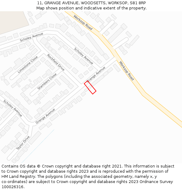 11, GRANGE AVENUE, WOODSETTS, WORKSOP, S81 8RP: Location map and indicative extent of plot