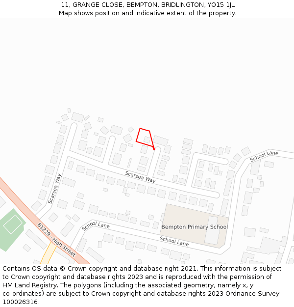 11, GRANGE CLOSE, BEMPTON, BRIDLINGTON, YO15 1JL: Location map and indicative extent of plot