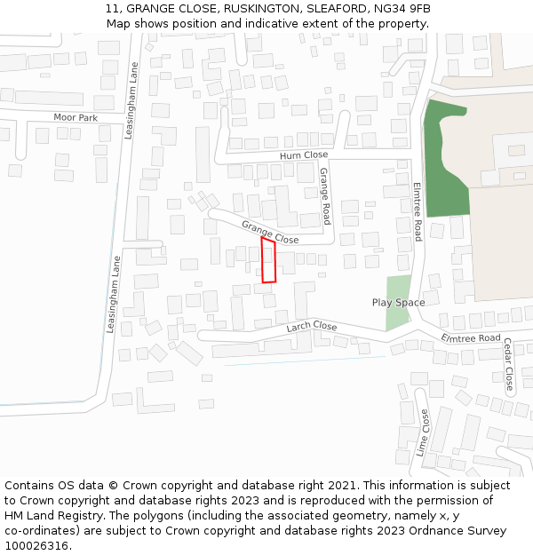 11, GRANGE CLOSE, RUSKINGTON, SLEAFORD, NG34 9FB: Location map and indicative extent of plot