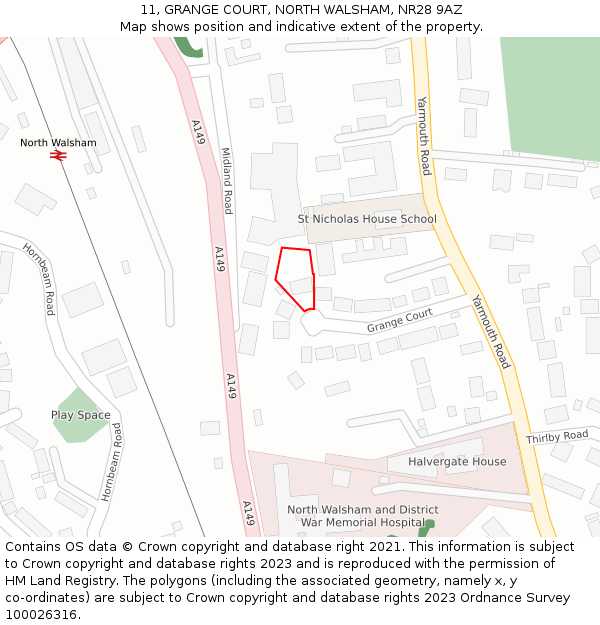 11, GRANGE COURT, NORTH WALSHAM, NR28 9AZ: Location map and indicative extent of plot