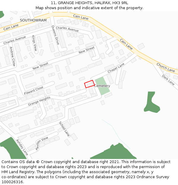 11, GRANGE HEIGHTS, HALIFAX, HX3 9RL: Location map and indicative extent of plot