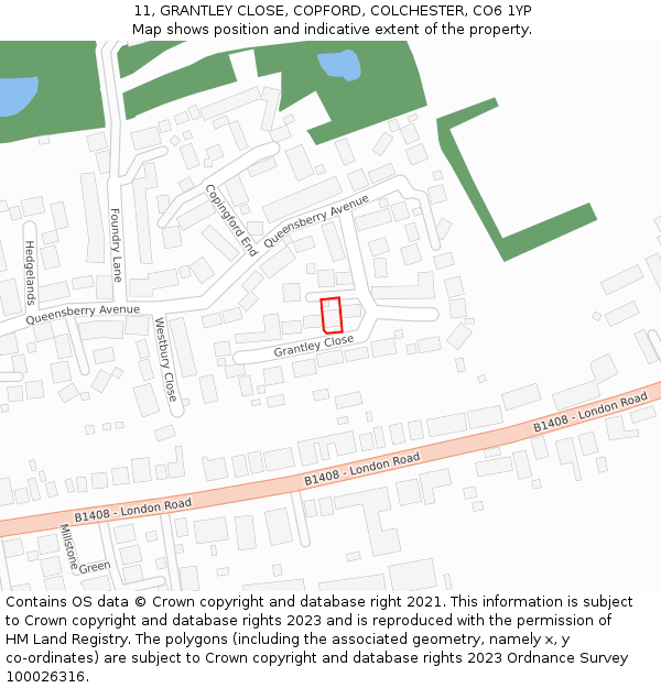 11, GRANTLEY CLOSE, COPFORD, COLCHESTER, CO6 1YP: Location map and indicative extent of plot