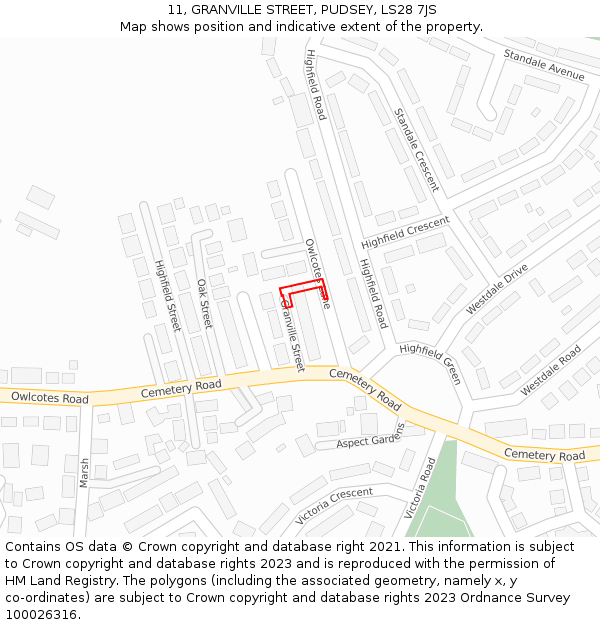 11, GRANVILLE STREET, PUDSEY, LS28 7JS: Location map and indicative extent of plot