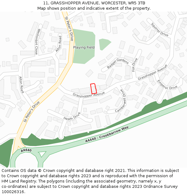 11, GRASSHOPPER AVENUE, WORCESTER, WR5 3TB: Location map and indicative extent of plot