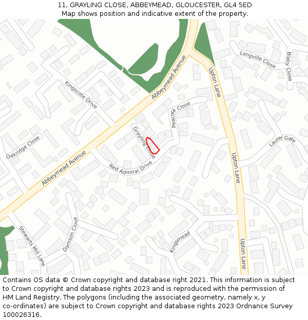 11, GRAYLING CLOSE, ABBEYMEAD, GLOUCESTER, GL4 5ED: Location map and indicative extent of plot