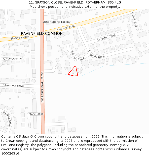 11, GRAYSON CLOSE, RAVENFIELD, ROTHERHAM, S65 4LG: Location map and indicative extent of plot