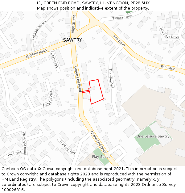 11, GREEN END ROAD, SAWTRY, HUNTINGDON, PE28 5UX: Location map and indicative extent of plot